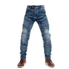 Kevlar Jeans Motorcycle Riding Pants with Armor-Zipper Style with stripe pattern - AMZ Rider Wear-Riding Pants-Blue