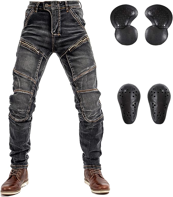 Kevlar Jeans Motorcycle Riding Pants with Armor-Zipper Style with stripe pattern - AMZ Rider Wear-Riding Pants-Black